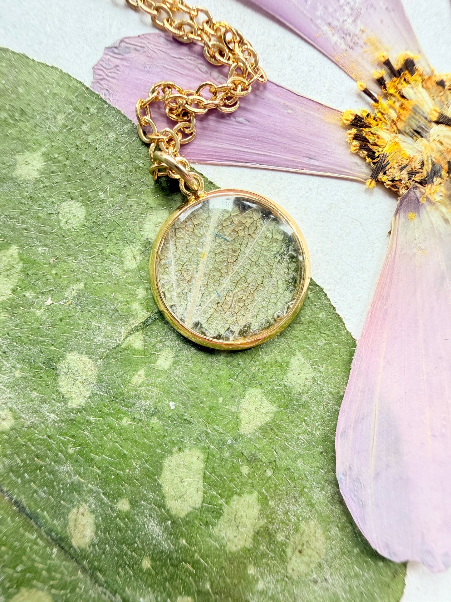 Pressed Floral Necklace, Sage and 18K Gold Plated Chain