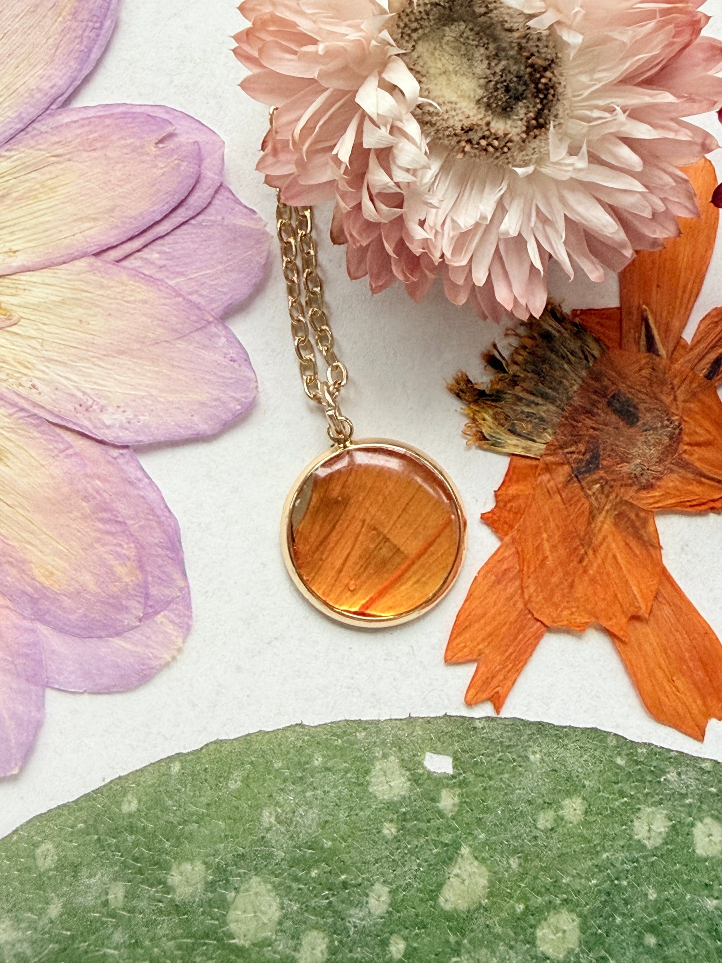Pressed Floral Necklace, Orange Cosmo and 18K Gold Plated Chain