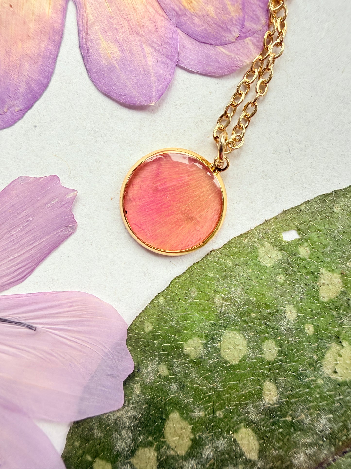 Pressed Floral Necklace, Pink Rose and 18K Gold Plated Chain