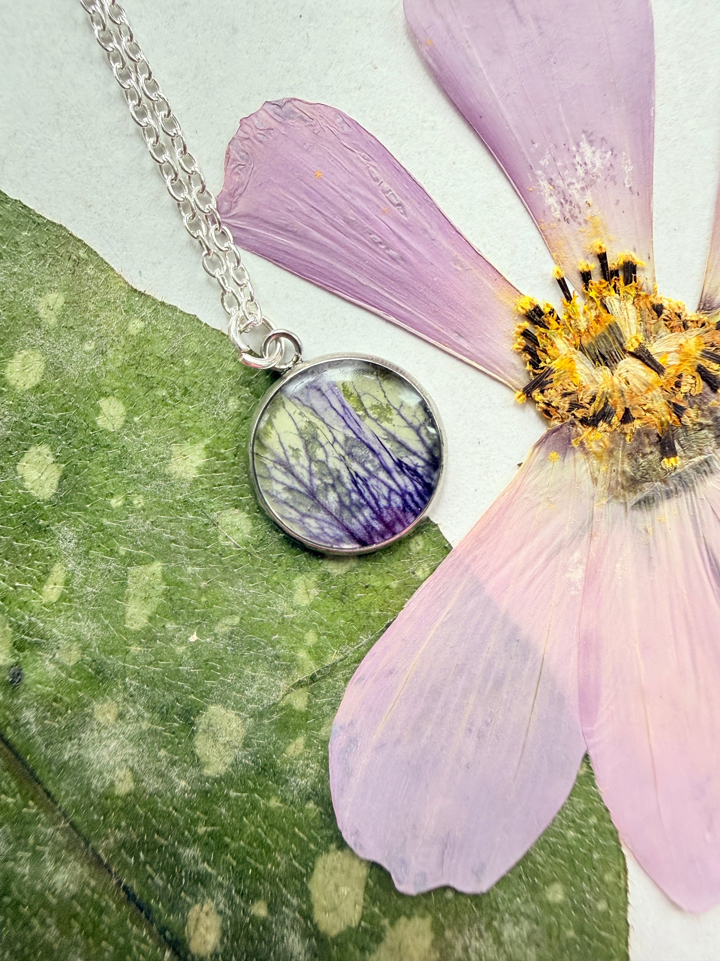 Pressed Floral Necklace - Petunia and Sterling Silver Plated Chain