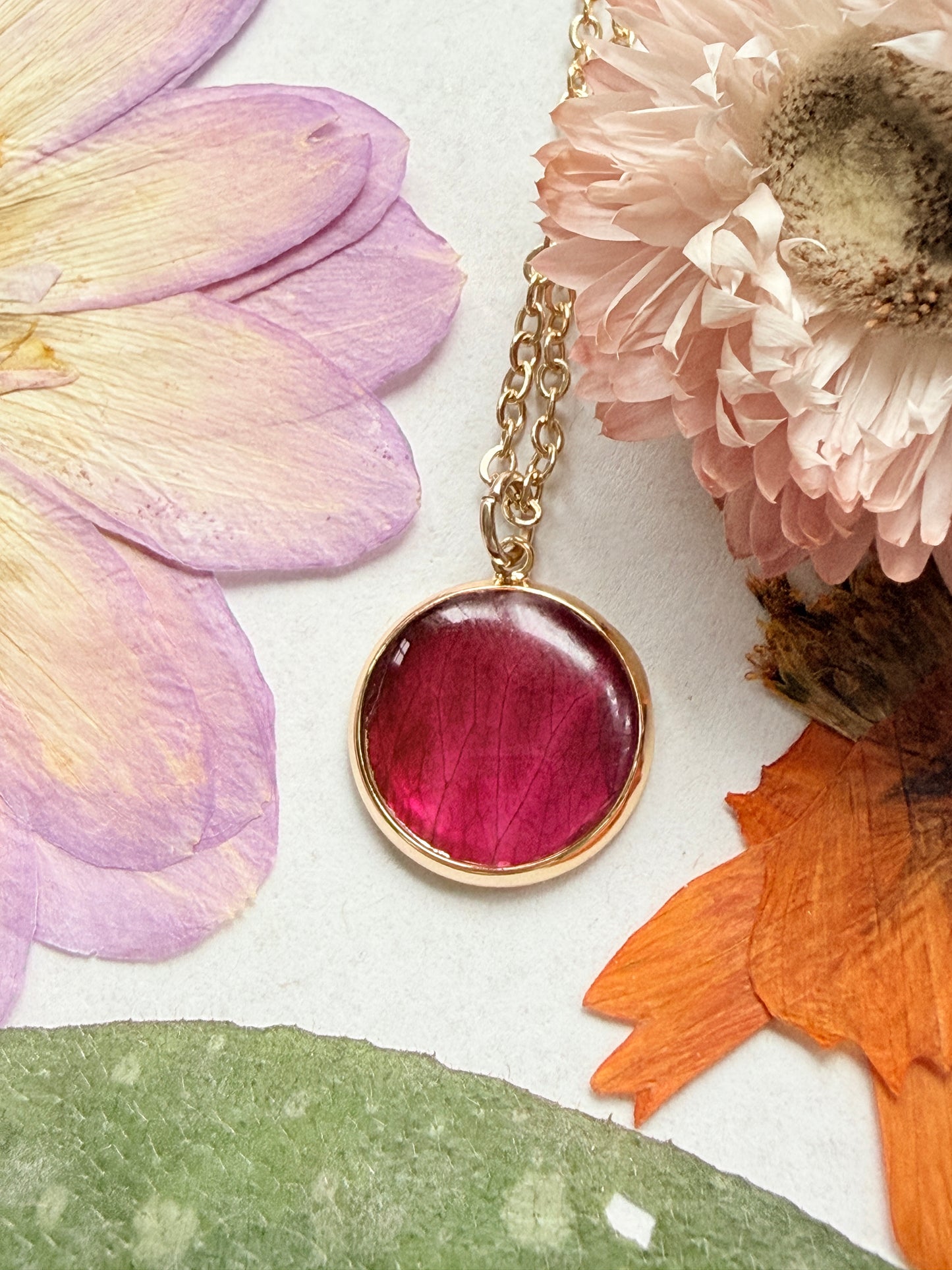 Pressed Floral Necklace, Red Rose and 18K Gold Plated Chain