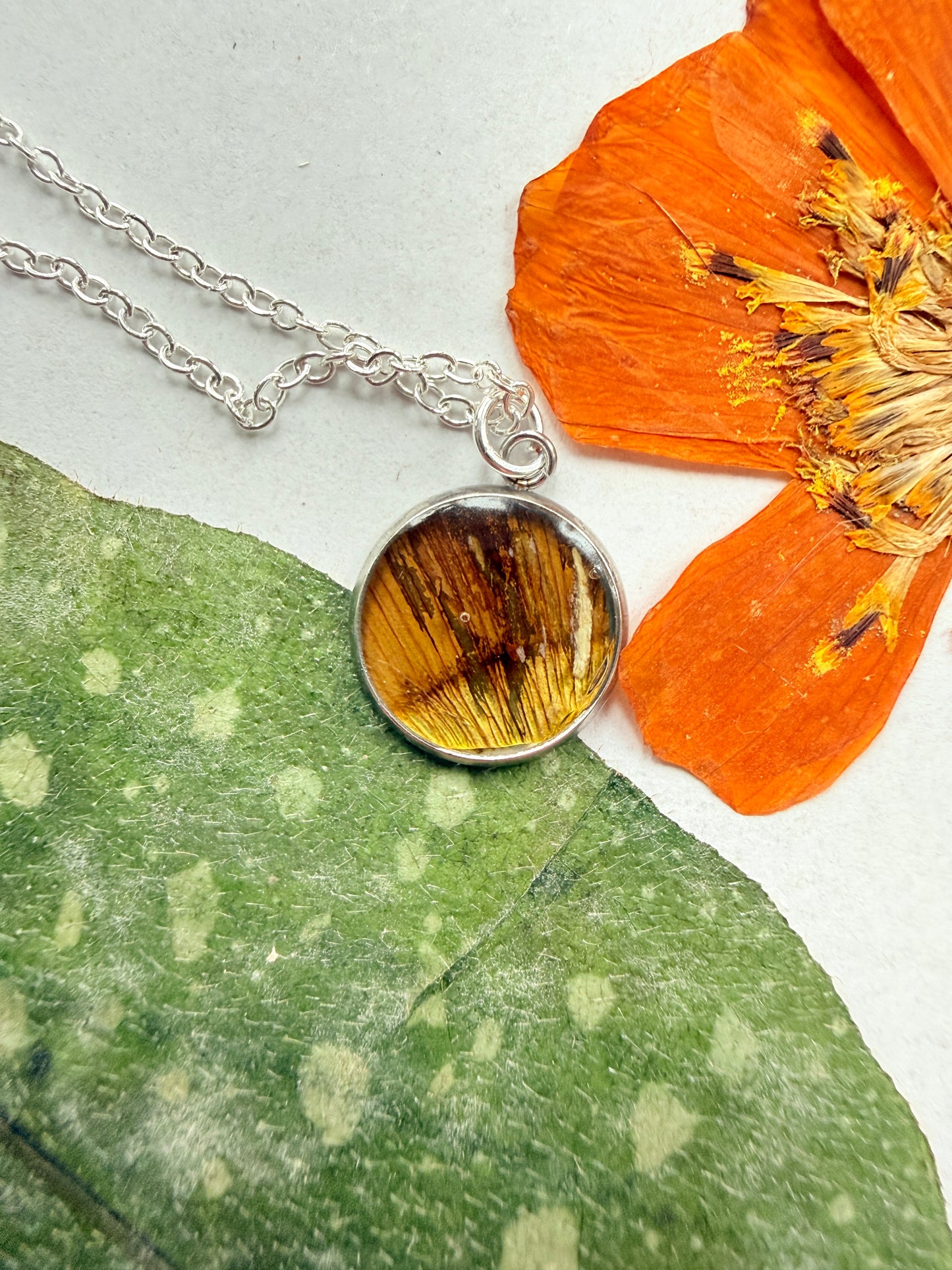 Pressed Floral Necklace - Sunflower and Sterling Silver Plated Chain