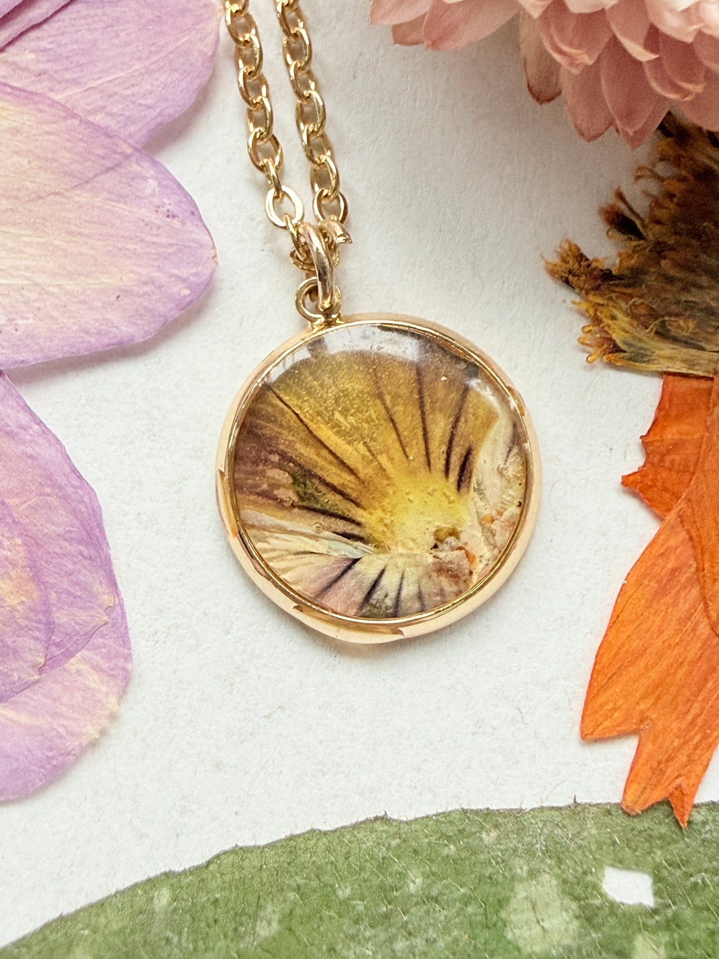 Pressed Floral Necklace, Pansy and 18K Gold Plated Chain