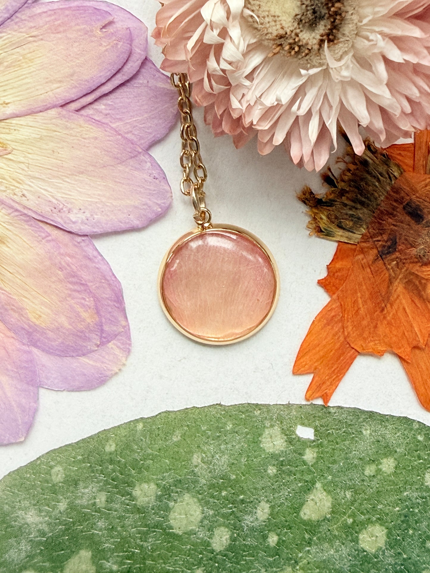 Pressed Floral Necklace, Pink Rose and 18K Gold Plated Chain
