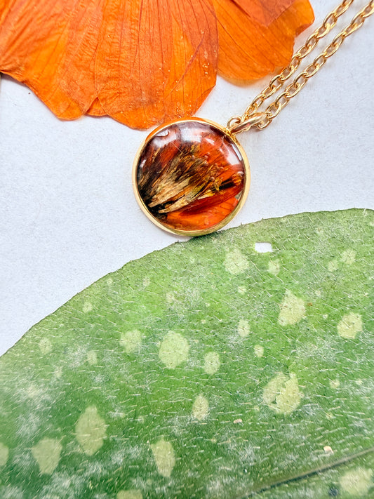 Pressed Floral Necklace, Orange Cosmo and 18K Gold Plated Chain