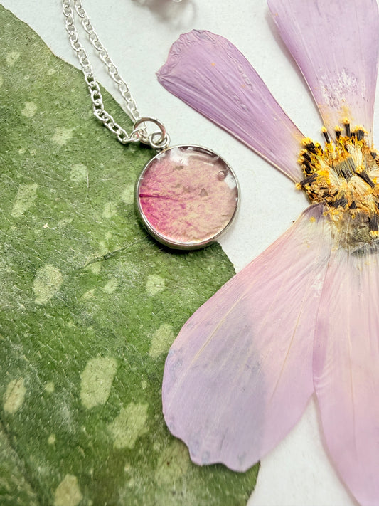 Pressed Floral Necklace - Rose and Sterling Silver Plated Chain