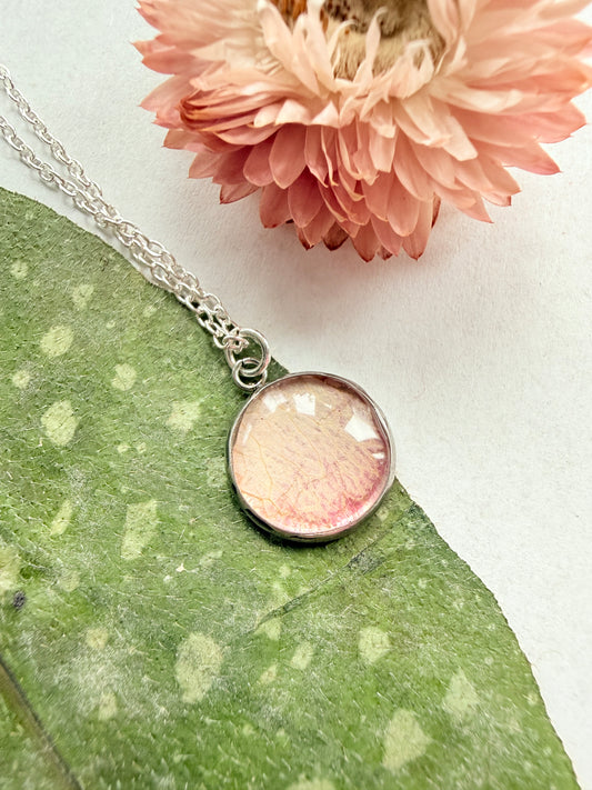 Pressed Floral Necklace - Pink Rose and Sterling Silver Plated Chain
