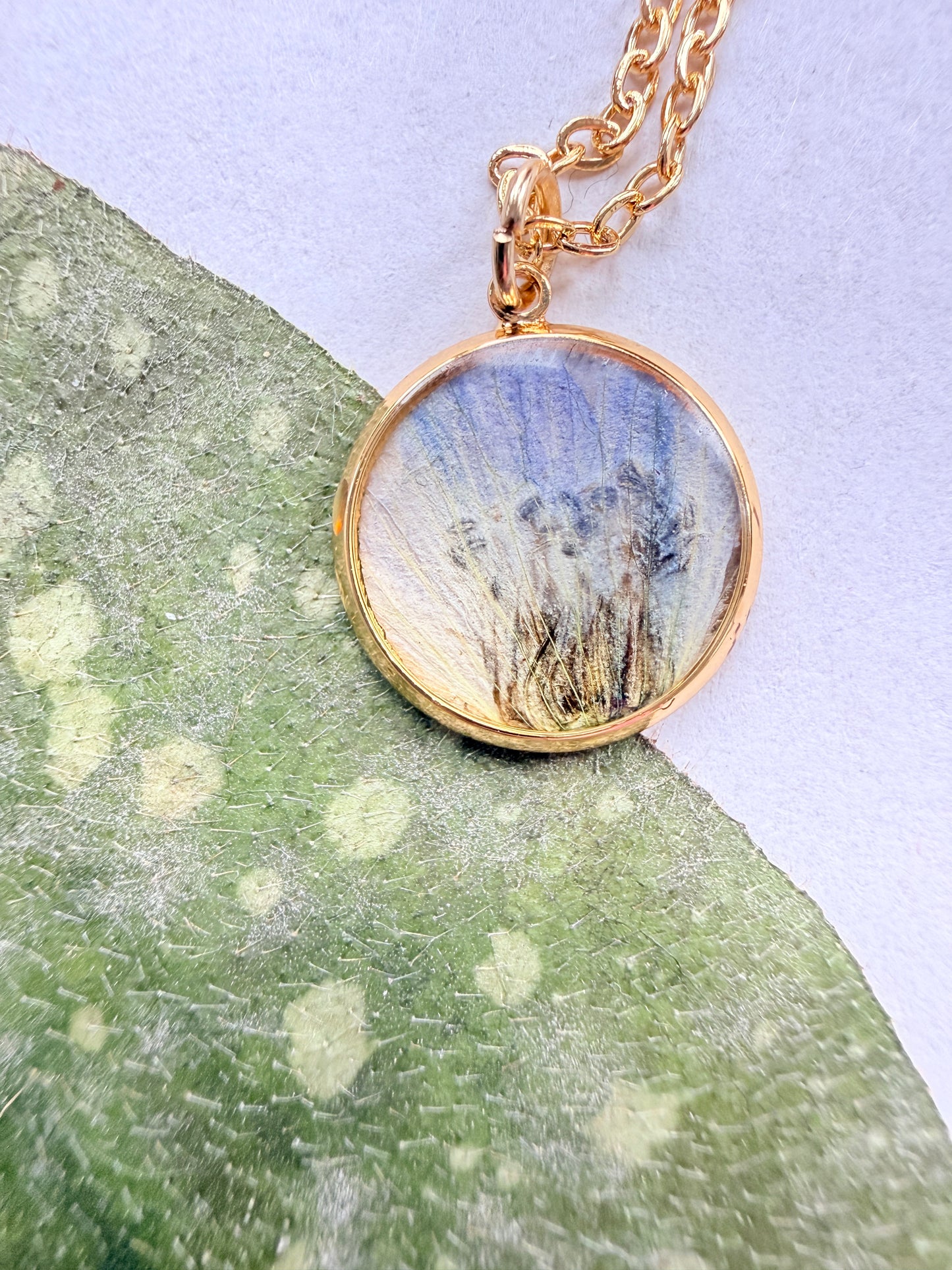 Pressed Floral Necklace, Delphinium and 18K Gold Plated Chain