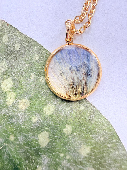 Pressed Floral Necklace, Delphinium and 18K Gold Plated Chain