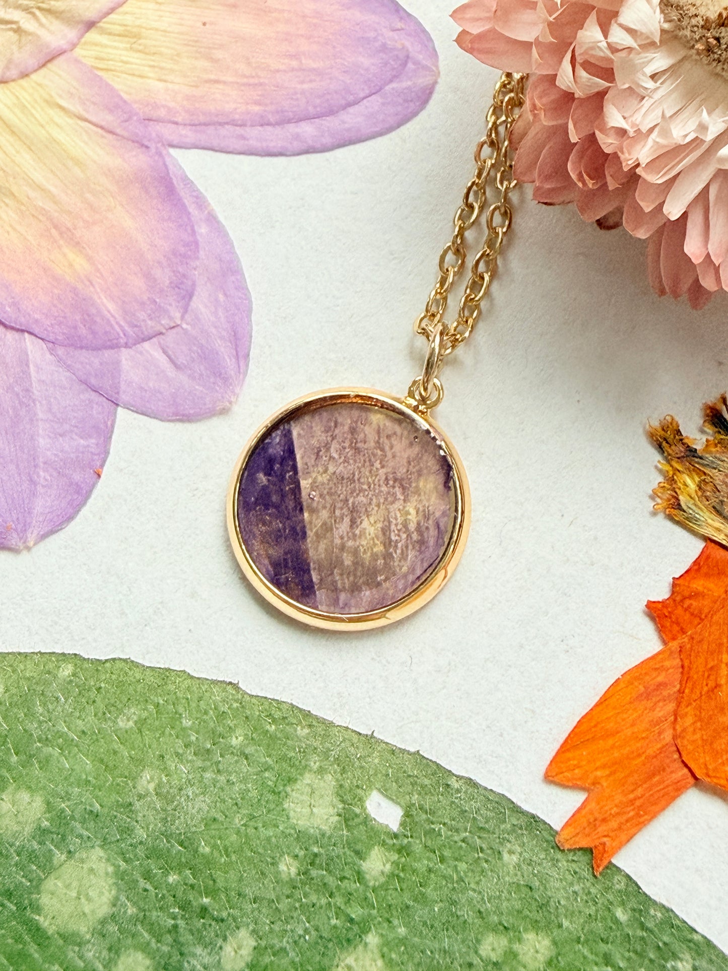 Pressed Floral Necklace, Petunia and 18K Gold Plated Chain