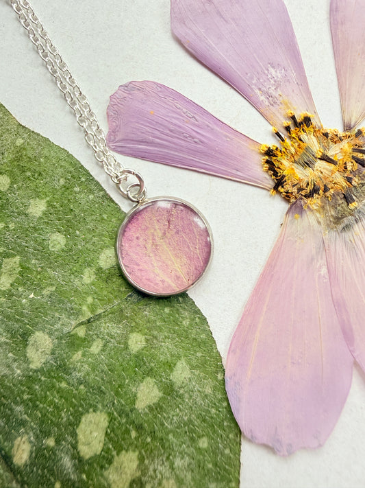 Pressed Floral Necklace - Pink Rose and Sterling Silver Plated Chain